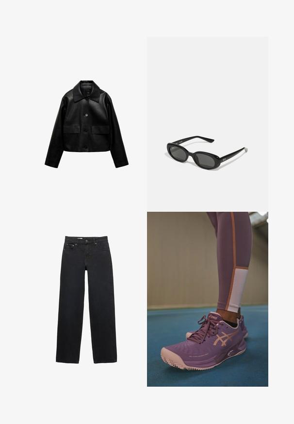Mango Keinonahkatakki - black; Musta ja kerma raidallinen hihaton paita, jossa on istuva malli. Tässä paidassa on paksuja vaakasuoria raitoja ja keskellä etupuolella logo. Pehmeä neulepinta.; Mustat leveät farkut denimistä, joissa on viisi taskua, nappikiinnitys, hillitty ompelu ja suora leikkaus vyötäröstä helmaan.; Violet urheilukengät, joissa on teksturoitu päällinen ja pehmustettu pohja, pinkki varvaskärki ja kultaiset yksityiskohdat. Yhdistetty violettiin legginsiin.; Mustat aurinkolasit, joissa on soikeat linssit, kiiltävä muovikehys ja kapeat varret. Sivussa on valkoinen Ray-Ban-logo.; Mustat nahkaa oleva käsilaukku, jossa on teksturoitu pinta, kaksi yläkahvaa, irrotettava olkahihna ja hopeinen solk yksityiskohta.