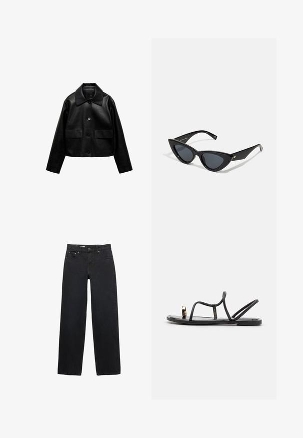 Mango Kunstlederjacke - black; Schwarzes und crèmefarbenes, gestreiftes Tanktop mit taillierter Passform, das dicke horizontale Streifen und ein zentriertes Logo auf der Vorderseite zeigt. Weicher Strickstoff.; Schwarze weit geschnittene Jeans aus Denim, mit fünf Taschen, einem Knopfverschluss, dezenten Nähten und einem geraden Schnitt von der Taille bis zum Saum.; Schwarze flache Sandalen mit dünnen Riemen und einem Zehenring, verziert mit einem goldenen Akzent am Zeh. Hergestellt aus einem glatten, glänzenden Material.; Schwarz glänzende Cat-Eye-Sonnenbrille mit einem Rahmen aus Kunststoff, dunklen Gläsern und goldenen Akzenten an den Bügeln. Winkeliges Design mit eleganten Linien.; Schwarze Ledertasche mit strukturiertem Finish, ausgestattet mit zwei oberen Griffen, einem abnehmbaren Schultergurt und einem silbernen Verschlussdetail.