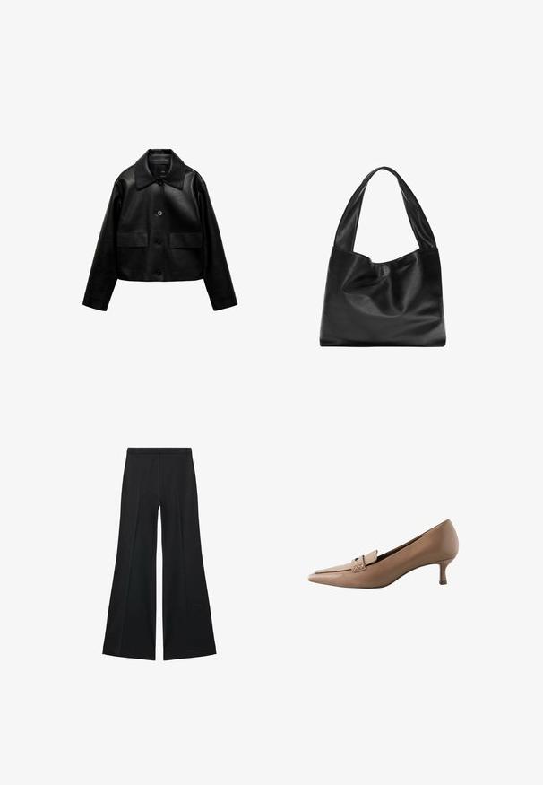 Mango Jakna od umjetne kože - black; Majica s kratkim rukavima, skraćena, u boji starog bijelog. Izrađena od mekog materijala s okruglim izrezom i ležernim krojem. Nema vidljivih uzoraka ili metalnih detalja.; Crne široke hlače s glatkom teksturom, koje imaju prednje nabore i kroj po mjeri. Tkanina je lagana i lepršava.; Bež kožne cipele sa šiljastim vrhom i malim potpeticama, sa dekorativnom trakom i kopčom preko gornjeg dela. Glatka tekstura, elegantan dizajn.; Crna kožna torba s mekanim, opuštenim dizajnom, širokim drškama i glatkom teksturom. Nema vidljive opreme ili ukrasa.