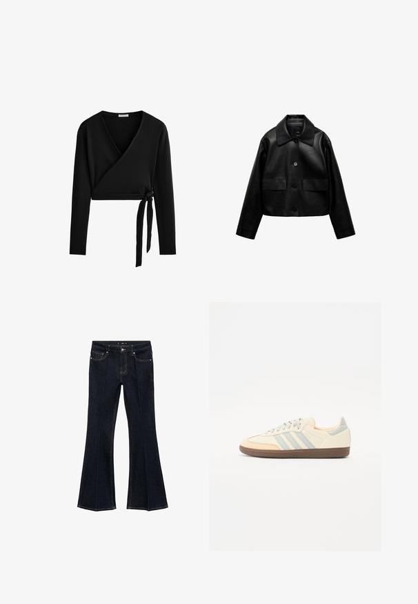 Mango Jakna od umjetne kože - black; Crna dugorukava omotana majica od rebrastog materijala, s dubokim V-izrezom i detaljem vezivanja sa strane za prilagodljiv fit.; Tamno plave traperice visokog struka s prednjim džepovima i širokim nogavicama, prikazane ravno na bijeloj pozadini.; Tenisice s gornjim dijelom od krem kožne kože, svijetloplavim trakama i breskvastim akcentima. Imaju teksturiranu smeđu gumenu potplat i minimalistički dizajn.
