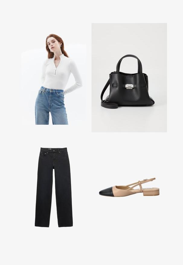 Mango Bunda z umělé kůže - black; Bílý zipový top s dlouhým rukávem v ribbané textuře, spárovaný s džínami s vysokým pasem v světle modré barvě s vybledlým umytím a klasickými kapsami.; Černé džíny s širokými nohavicemi vyrobené z denimu, s pěti kapsami, zapínáním na knoflík, diskrétním šitím a rovného střihu od pasu ke spodnímu okraji.; Beige a černé dvoubarevné slingback boty s špičatou špičkou, plochým podpatkem a křížovými popruhy. Hladká kožená textura.; Černá kožená kabelka s texturovaným povrchem, vybavená dvěma horními uchy, odnímatelným ramenním popruhem a stříbrným detailem s uzávěrem.
