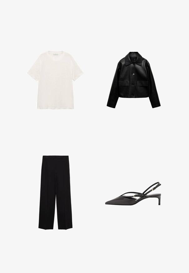 Mango Faux leather jacket - black; Mango LENU - Basic T-shirt - off-white; Black wide-leg trousers with a smooth fabric, featuring pleats at the front and side pockets, designed with a straight, relaxed cut.; Black leather slingback pump with a pointed toe, slender ankle straps, and a low stiletto heel. Smooth texture with minimalistic design.