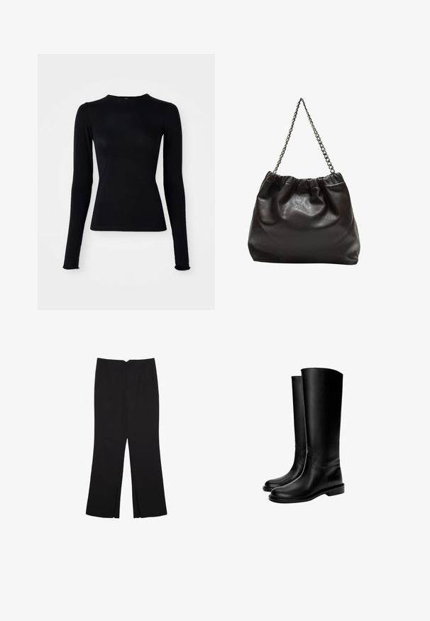 Mango SABINA czarny; Czarna, długorękawowa bluzka wykonana z gładkiego, elastycznego materiału. Posiada wysoki dekolt i dopasowany krój, z lekko rozszerzonymi mankietami.; Czarne spodnie o prostym kroju, z przednimi kieszeniami i bocznymi rozcięciami na dole. Wykonane z miękkiego, gładkiego materiału. Odpowiednie na różne okazje.; Czarne skórzane kozaki do kolan o gładkiej fakturze, zaokrąglonym nosie, płaskiej podeszwie i minimalistycznym designie, z przeszytymi szwem i bez widocznych elementów metalowych.; Brązowa skórzana torba z marszczonym szczytem i łańcuszkowym paskiem. Gładka tekstura z błyszczącym wykończeniem i subtelnymi detalami szwów po bokach.