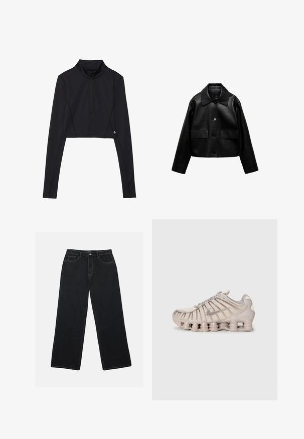 Mango Jakna od umjetne kože - black; Crni kratki top s dugim rukavima, visokim ovratnikom i četvrtastim patent zatvaračem, s ravnim šavovima i logom blizu ruba.; Crne široke traperice imaju visok struk, prednje džepove i kontrastne šavove. Tkanina ima glatku, blago teksturiranu površinu.; Svijetlosmeđi atletski tenisice s mrežastim gornjim dijelom, strukturiranim dizajnom i prepoznatljivom amortiziranom potplatom koji sadrži cilindrične dijelove.