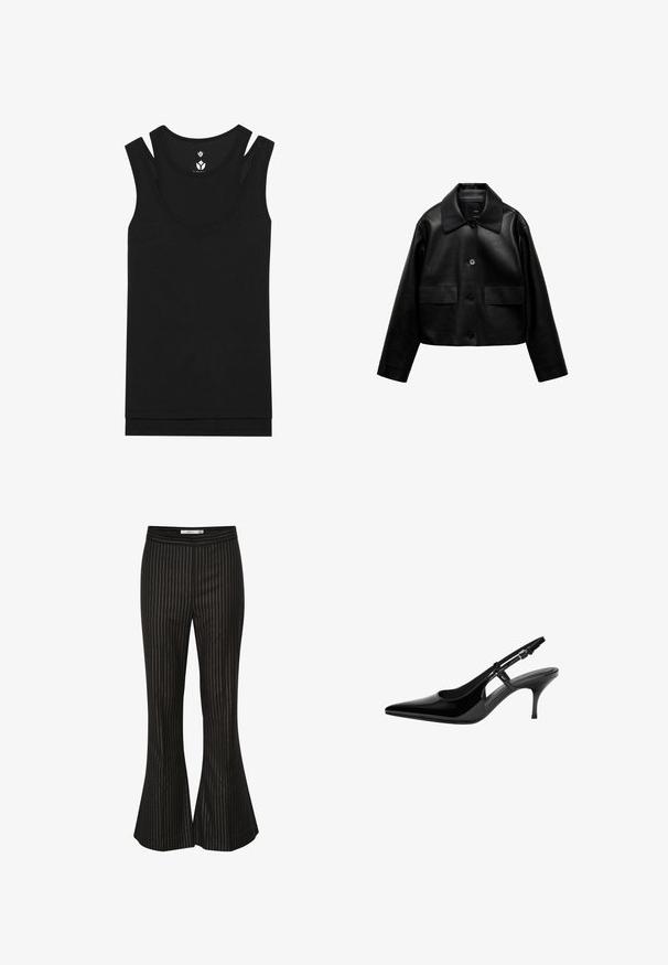 Mango SABINA czarny; Czarny top bez rękawów z okrągłym dekoltem i podwójnym paskiem. Wykonany z prążkowanej tkaniny o gładkiej fakturze, z prostym dołem.; Czarne spodnie w kant z białymi pionowymi paskami, o gładkiej fakturze i dopasowanej talii, zaprojektowane na skrojoną sylwetkę.; Czarne lakierowane pantofle typu slingback z wydłużonym noskiem, otwartymi bocznymi wycięciami, smukłym obcasem i regulowanym zapięciem na kostkę.