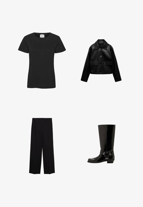 Mango Imiteret læderjakke - black; Sort bomulds T-shirt med rund halsudskæring, korte ærmer og lige kant. Stoffet har en glat tekstur uden synlige mønstre eller detaljer.; Sorte brede bukser med en glat stof, der har folder foran og sidelommer, designet med en lige, afslappet pasform.; Knæhøj sort gummistøvle med en blank overflade, der har et dekorativt bånd og metalhardware detaljer. Lav, let skrå hæl.