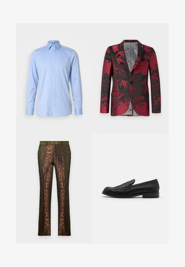 Roter Blazer mit floralen Mustern auf schwarzem Hintergrund, ausgestattet mit zwei vorderen Taschen, einem einzelnen Knopfverschluss und einer glatten grauen Innenauskleidung.; Hellblaues Hemd mit Knöpfen aus glattem Stoff, mit klassischem Kragen, langen Ärmeln und fünf vorderen Knöpfen sowie passenden Manschetten.; Set aus fünf T-Shirts in Schwarz, Weiß und Marineblau. Baumwollstoff, kurze Ärmel, Rundhalsausschnitt und schlichte Textur ohne Muster.; Grüne gemusterte Hosen mit einem Schlangenmusterdruck in Brauntönen und Orange, gerade geschnitten und mit einer glatten Textur.; Schwarze Lederloafer mit glatter Oberfläche, abgerundetem Zehenbereich und einem kleinen dekorativen Riegel. Ausgestattet mit einem niedrigen, gestapelten Absatz und einem dezenten Markenlogo.