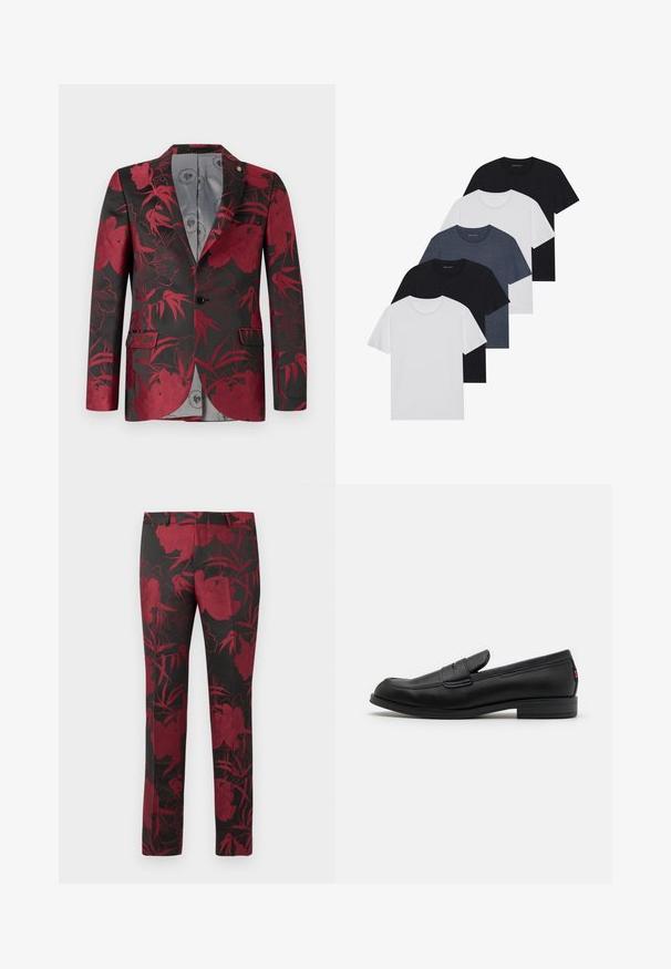 Rød blomster mønster blazer med sort baggrund, der har to forreste lommer, en enkelt knaplukning og en glat grå inderside.; Sæt af fem t-shirts i sort, hvid og marineblå. 100% bomuldsstof, korte ærmer, rund halsudskæring og ensartet overflade uden mønstre.; Sorte bukser med et blomstermønster i dyb rød, med en glat tekstur og skræddersyet pasform. Standard talje og lige ben-design.; Sorte læder loafers med en glat finish, rund tå og en lille dekorativ flap. Har en lav stablet hæl og en subtil brandingdetalje.