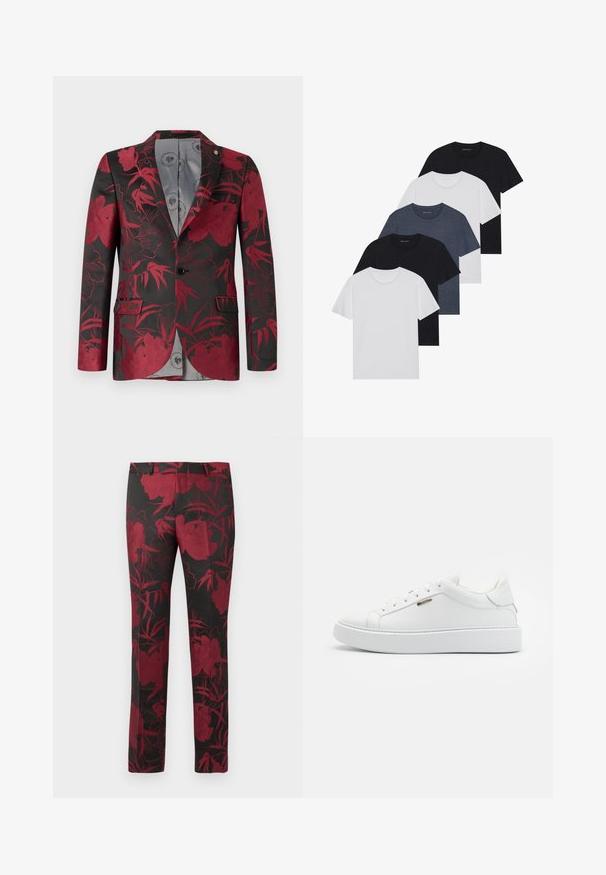 Punane lillemustriga bleiser musta taustaga, millel on kaks esist taskut, ühekordne nööp sulgemine ja sile hall vooder.; Viie t-särgi komplekt mustas, valges ja tumesinisest. Puuvillane kangas, lühikesed varrukad, ümar kaelaauk ja ühtlane tekstuur ilma mustriteta.; Mustad mustrid mustad, sügava punase lillemustriga, sujuva tekstuuri ja sportliku lõikega. Tüüpiline vöökoht ja sirge säär.; Valged nahast spordijalatsid, millel on tekstureeritud pind, ümmargune varvas, lame kummist tald ja tugevdatud konts, millel on minimalistlik disain ja hõbedane aktsent.