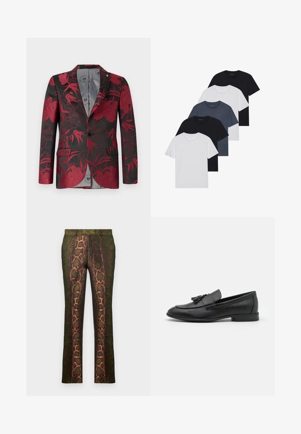 Blazer de patrón floral rojo sobre fondo negro, con dos bolsillos frontales, un cierre de un solo botón y un forro interior liso gris.; Conjunto de cinco camisetas en negro, blanco y azul marino. Tejido de algodón, de manga corta, diseño de cuello redondo y textura lisa sin patrones.; Pantalones verdes con estampado de serpiente en tonos marrones y naranjas, de corte recto y textura suave.; Mocasines de piel negra con un acabado suave, que presentan un acento de borlas en la parte delantera, punta redonda y tacón bajo. Diseño simple y elegante.