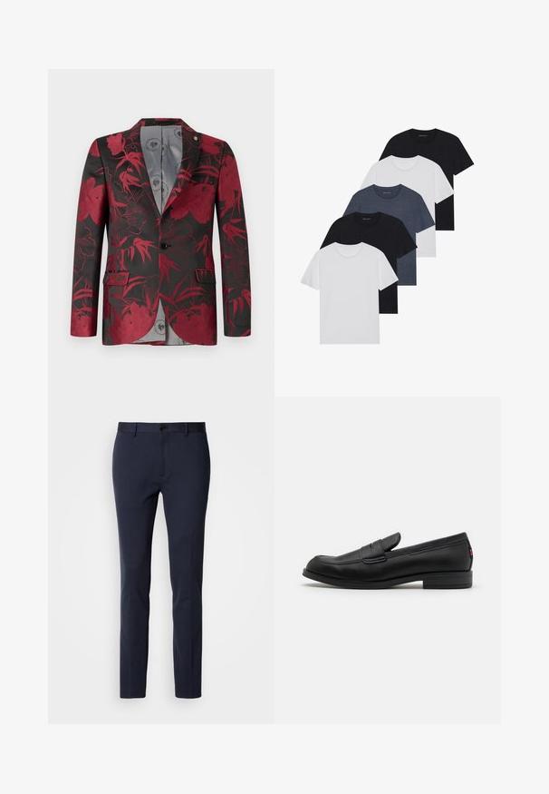 Roter Blazer mit floralen Mustern auf schwarzem Hintergrund, ausgestattet mit zwei vorderen Taschen, einem einzelnen Knopfverschluss und einer glatten grauen Innenauskleidung.; Set aus fünf T-Shirts in Schwarz, Weiß und Marineblau. Baumwollstoff, kurze Ärmel, Rundhalsausschnitt und schlichte Textur ohne Muster.; Navy-Hosen aus glattem, elastischem Stoff. Mit Reißverschluss, einem einzelnen Knopfverschluss und schmal zulaufenden Beinen.; Schwarze Lederloafer mit glatter Oberfläche, abgerundetem Zehenbereich und einem kleinen dekorativen Riegel. Ausgestattet mit einem niedrigen, gestapelten Absatz und einem dezenten Markenlogo.