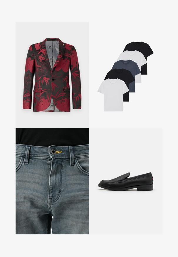 Punainen kukkakuosiset bleiseri mustalla taustalla, jossa on kaksi etutaskua, yhtenäinen nappikiinnitys ja sileä harmaa vuori.; Viisi t-paitaa mustana, valkoisena ja tummansinisena. Puuvillakankainen, lyhyet hihat, pyöreä kaula-aukko ja yksinkertainen pinta ilman kuvioita.; Farkut vaaleansinistä kulutettua denimkangasta, jossa on napitus, keltainen yksityiskohta vyötäröllä ja klassinen viiden taskun muotoilu. Tekstuuri vaikuttaa pehmeältä ja kuluneelta.; Mustat nahkaloafersit, joissa on sileä pinta, pyöreä kärki ja pieni koristeellinen läppä. Varustettu matalalla pinotulla korolla ja huomaamattomalla brändityksellä.
