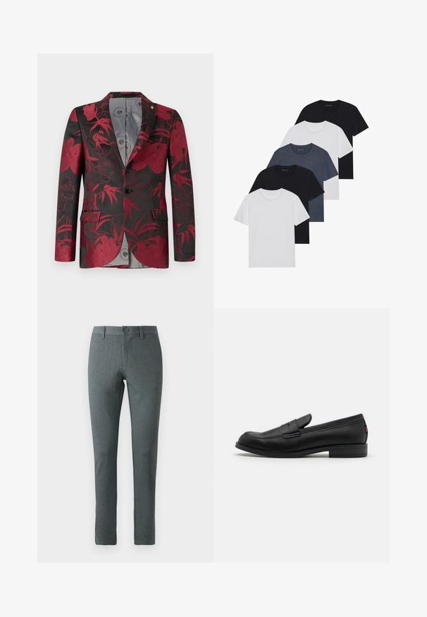 Blazer à motif floral rouge sur fond noir, doté de deux poches avant, d'une fermeture à un bouton, et d'une doublure intérieure lisse grise.; Ensemble de cinq t-shirts en noir, blanc et bleu marine. Tissu en coton, manches courtes, design col rond et texture unie sans motifs.; Pantalons gris ajustés en tissu texturé, coupe droite, fermeture à bouton, passants de ceinture et design slim.; Mocassins en cuir noir avec une finition lisse, un bout arrondi et une petite flèche décorative. Dotés d'un petit talon empilé et d'un détail de marque subtil.