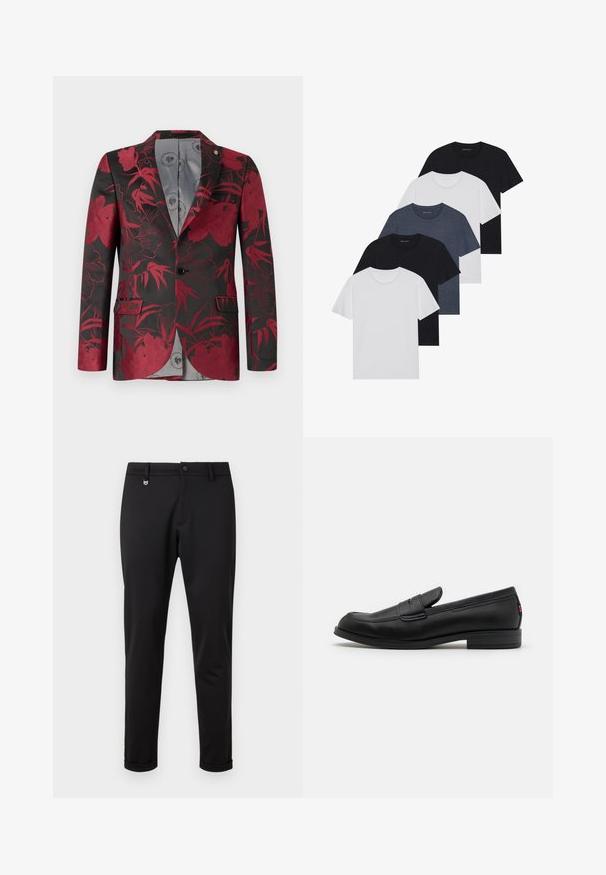 Blazer con motivo floreale rosso su sfondo nero, dotato di due tasche frontali, chiusura a un bottone e foderato in morbido grigio.; Set di cinque t-shirt in nero, bianco e blu navy. Tessuto di cotone, maniche corte, design a collo rotondo e texture semplice senza motivi.; Pantaloni in tessuto elasticizzato neri con vestibilità slim, dotati di chiusura con bottone, passanti per cintura e orli arrotolati. Texture liscia con dettagli minimi.; Mocassini in pelle nera con finitura liscia, punta arrotondata e una piccola pattina decorativa. Presentano un tacco basso e impilato e un sottile dettaglio di branding.