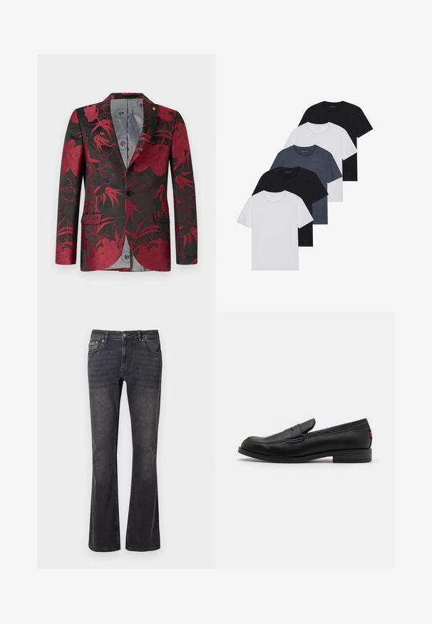 Röd blommönstrad blazer med svart bakgrund, med två framfickor, en enkel knäppning och en slät grå interiörfoder.; Set med fem t-shirts i svart, vitt och marinblått. Bomullslyster, korta ärmar, rund halsdesign och slät struktur utan mönster.; Svarta denimjeans med en utsvängd design, fem fickor och metallknappstängning. Tyget har en mjuk textur med subtila blekningar.; Svarta läderloafers med en slät finish, rund tå och en liten dekorativ flik. Har en låg staplad klack och subtilt varumärkesdetalj.