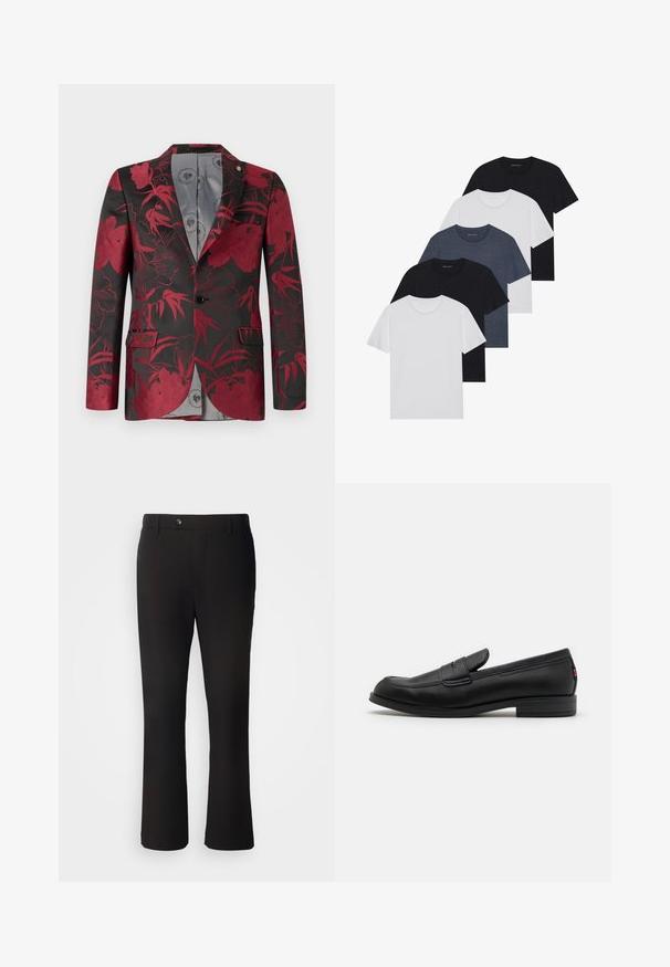 Red floral patterned blazer with a black background, featuring two front pockets, a single button closure, and a smooth gray interior lining.; Set of five t-shirts in black, white, and navy blue. Cotton fabric, short sleeves, crew neck design, and plain texture with no patterns.; Black tailored trousers with a straight cut, featuring a front button closure and belt loops, made from a smooth, lightweight fabric.; Black leather loafers with a smooth finish, rounded toe, and a small decorative flap. Features a low stacked heel and subtle branding detail.