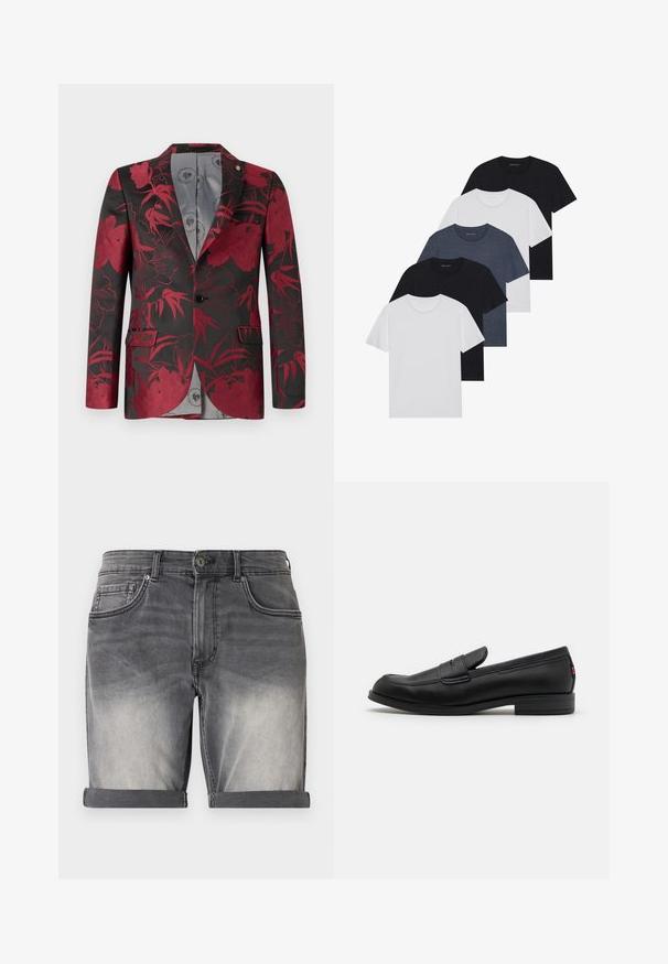 Röd blommönstrad blazer med svart bakgrund, med två framfickor, en enkel knäppning och en slät grå interiörfoder.; Set med fem t-shirts i svart, vitt och marinblått. Bomullslyster, korta ärmar, rund halsdesign och slät struktur utan mönster.; Jeansshorts i en bleknad svart nyans med uppvikta fållar, har fem fickor och subtila slitningar fram. Klassisk knappstängning.; Svarta läderloafers med en slät finish, rund tå och en liten dekorativ flik. Har en låg staplad klack och subtilt varumärkesdetalj.
