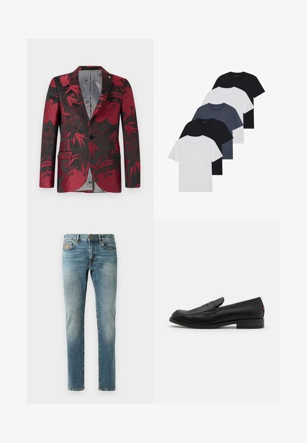 Piros virágmintás blézer fekete háttérrel, két elülső zsebbel, egy gombos záródással és sima szürke bélésével.; Öt fekete, fehér és tengerészkék póló készlet. Pamut anyag, rövid ujjak, kerek nyakú dizájn és sima textúra minták nélkül.; Világoskék farmernadrág egyenes fazonnal, öt zsebbel, sárgaréz hardverrel és enyhe kopással a lábakon. Klasszikus varrási részletek.; Fekete bőr loafer cipők sima felülettel, lekerekített orral és egy kis díszes hajtókával. Alacsony, rakott sarkú és diszkrét márkázási részletekkel rendelkezik.