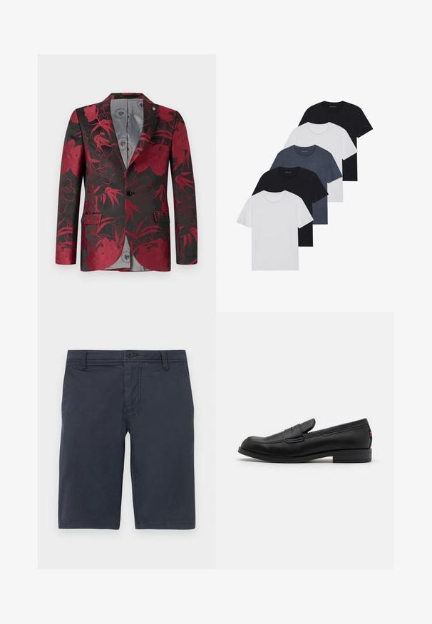 Blazer con motivo floreale rosso su sfondo nero, dotato di due tasche frontali, chiusura a un bottone e foderato in morbido grigio.; Set di cinque t-shirt in nero, bianco e blu navy. Tessuto di cotone, maniche corte, design a collo rotondo e texture semplice senza motivi.; Pantaloni corti blu navy realizzati in tessuto testurizzato, dotati di chiusura frontale con bottone, passanti per cintura e tasche laterali standard.; Mocassini in pelle nera con finitura liscia, punta arrotondata e una piccola pattina decorativa. Presentano un tacco basso e impilato e un sottile dettaglio di branding.