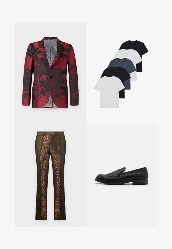 Blazer con motivo floreale rosso su sfondo nero, dotato di due tasche frontali, chiusura a un bottone e foderato in morbido grigio.; Set di cinque t-shirt in nero, bianco e blu navy. Tessuto di cotone, maniche corte, design a collo rotondo e texture semplice senza motivi.; Pantaloni verdi a fantasia con motivo a pelle di serpente in tonalità di marrone e arancione, taglio dritto e texture liscia.; Mocassini in pelle nera con finitura liscia, punta arrotondata e una piccola pattina decorativa. Presentano un tacco basso e impilato e un sottile dettaglio di branding.