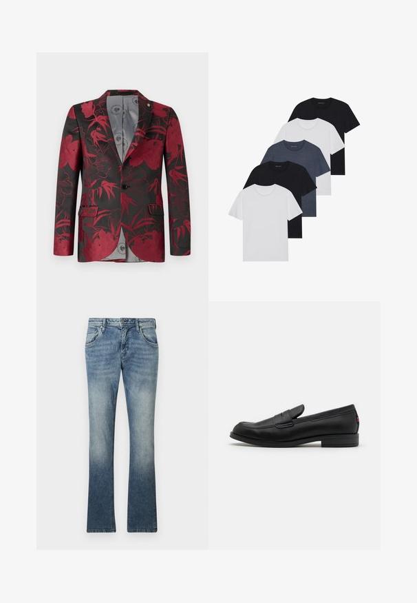 Raudonas švarkas su gėlių raštu ant juodo fono, turintis dvi priekines kišenes, vieno mygtuko užsegimą ir lygų pilką interjero pamušalą.; Penki marškiniai juodos, baltos ir mėlynos spalvos. Pagaminti iš medvilnės, trumpomis rankovėmis, su apvaliu kaklu, be raštų.; Šviesiai mėlynų džinsų blekuoti džinsai su gradientiniu plačiu design'u, penkių kišenių, metaliniu mygtuko uždarymu ir matomomis siūlėmis.; Juodos odinės loafers' tipo bateliai su lygia apdaila, apvalia nosimi ir maža dekoratyvine kišenėle. Turi žemą sukrauto kulno ir subtilų prekės ženklo detalę.