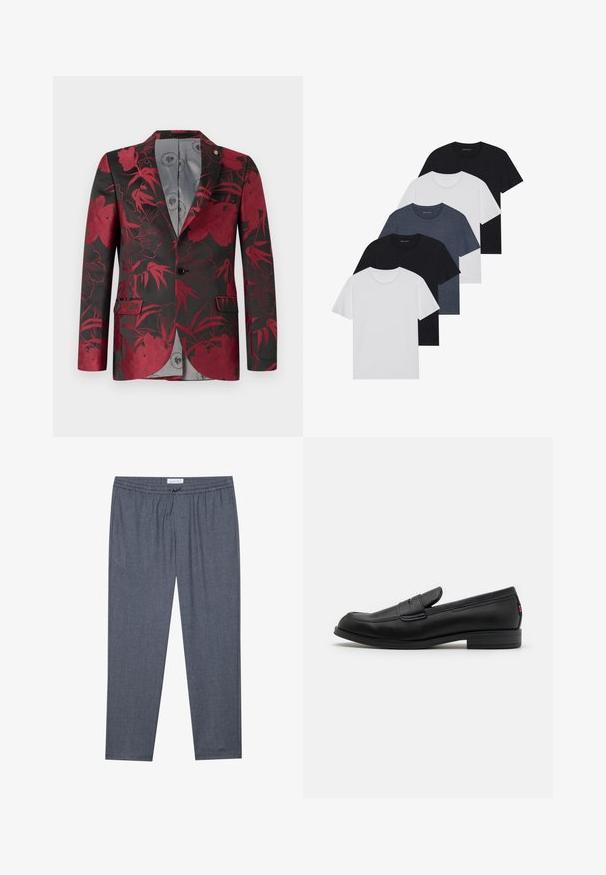 Blazer con motivo floreale rosso su sfondo nero, dotato di due tasche frontali, chiusura a un bottone e foderato in morbido grigio.; Set di cinque t-shirt in nero, bianco e blu navy. Tessuto di cotone, maniche corte, design a collo rotondo e texture semplice senza motivi.; Pantaloni grigi a gamba dritta con vita a cordoncino e una leggera trama. Il tessuto sembra morbido e confortevole, adatto per un abbigliamento casual.; Mocassini in pelle nera con finitura liscia, punta arrotondata e una piccola pattina decorativa. Presentano un tacco basso e impilato e un sottile dettaglio di branding.