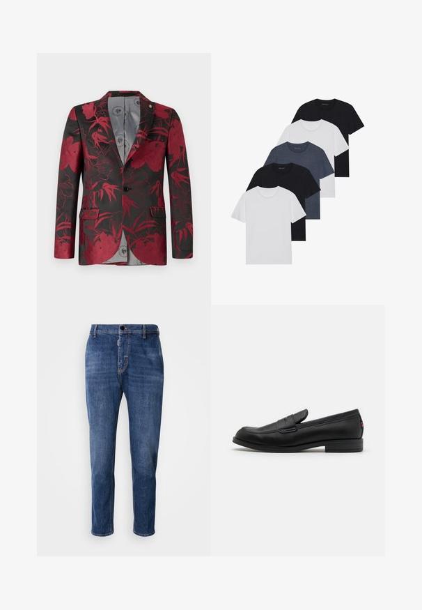 Rdeč blejzer z cvetličnim vzorcem na črni podlagi, ki ima dve sprednji žepki, zapiranje na en gumb in gladko sivo notranjo podlogo.; Set petih majic v črni, beli in mornarsko modri barvi. Bombažni material, kratki rokavi, krojen vrh z okroglim izrezom ter enostavno teksturo brez vzorcev.; Jeans iz denima v temno modri barvi s ravnim krojem, z sprednjim gumbom in zadrgo, petimi žepi in svetlimi podrobnostmi bledenja.; Črne usnjene mokasine z gladko površino, zaobljenim nosom in majhnim okrasnim preklopom. Imajo nizek zložen peto in subtilen detajl blagovne znamke.