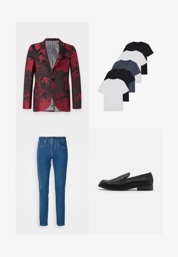 Blazer de patrón floral rojo sobre fondo negro, con dos bolsillos frontales, un cierre de un solo botón y un forro interior liso gris.; Conjunto de cinco camisetas en negro, blanco y azul marino. Tejido de algodón, de manga corta, diseño de cuello redondo y textura lisa sin patrones.; Vaqueros rectos azules de mezclilla, con un diseño estándar de cinco bolsillos, cierre de botón y un desvanecimiento sutil a lo largo de las piernas.; Mocasines de cuero negro con un acabado suave, punta redondeada y una pequeña solapa decorativa. Presentan un tacón bajo y apilado, así como un detalle sutil de marca.