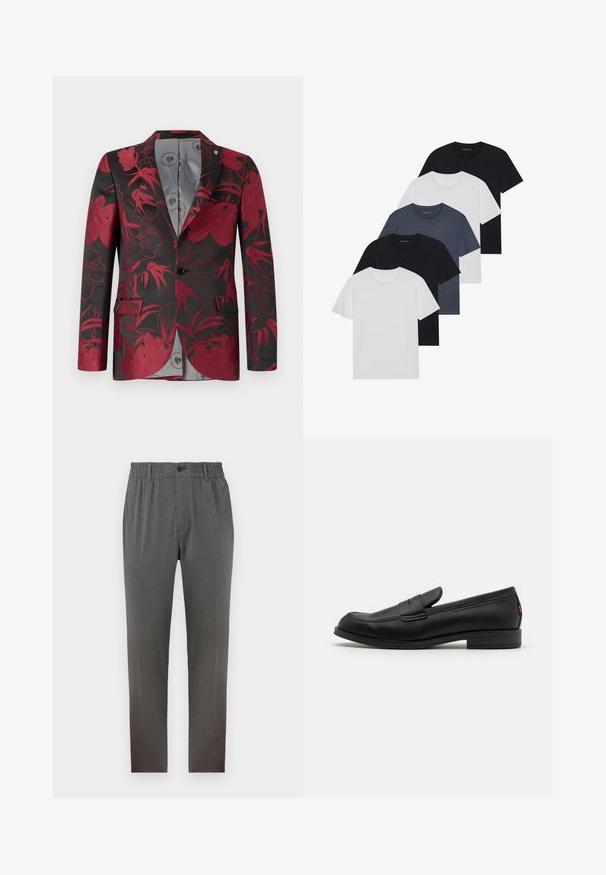 Raudonas švarkas su gėlių raštu ant juodo fono, turintis dvi priekines kišenes, vieno mygtuko užsegimą ir lygų pilką interjero pamušalą.; Penki marškiniai juodos, baltos ir mėlynos spalvos. Pagaminti iš medvilnės, trumpomis rankovėmis, su apvaliu kaklu, be raštų.; Pilkos kelnės su pritaikytu dizainu, turinčios elastinę juosmeninę dalį, mygtuką užsegimui ir tiesias kojas; pagamintos iš minkštos, tekstūruotos medžiagos.; Juodos odinės loafers' tipo bateliai su lygia apdaila, apvalia nosimi ir maža dekoratyvine kišenėle. Turi žemą sukrauto kulno ir subtilų prekės ženklo detalę.
