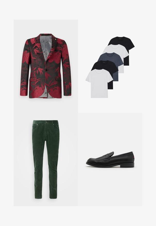 Blazer cu model floral roșu pe un fundal negru, având două buzunare frontale, închidere cu un singur nasture și o căptușeală interioară netedă de culoare gri.; Set de cinci tricouri în negru, alb și albastru închis. Fabricat din bumbac, cu mâneci scurte, design cu gât rotund și textură uniformă, fără modele.; Pantaloni din catifea ondulată verzi cu croială dreaptă. Au cinci buzunare, închidere cu buton metalic și o textură ribbed. Se pot spăla la mașină.; Mocasini din piele neagră cu un finisaj neted, vârf rotunjit și o mică clapetă decorativă. Au un toc joasă din lemn laminat și un detaliu de branding subtil.