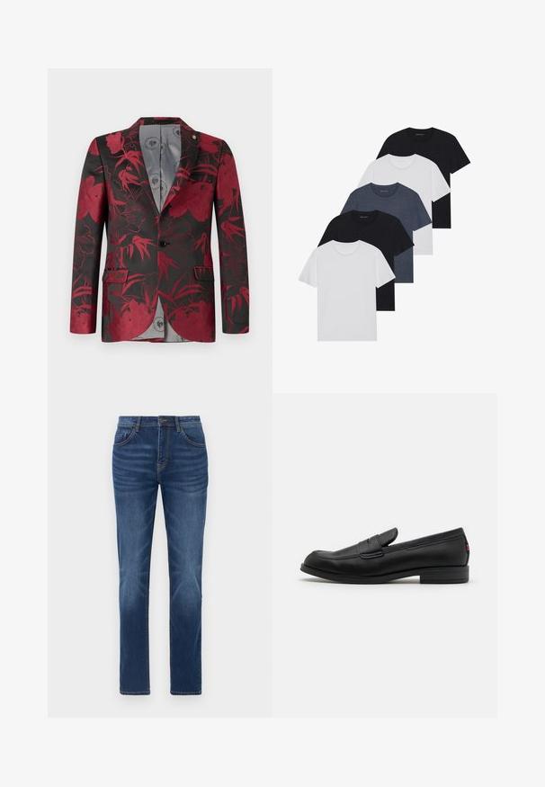 Sarkans ziedu raksts uz žaketes ar melnu fona, kurai ir divas priekšējās kabatas, vienas pogas aizdare un gluda pelēka iekšējā oderējuma.; Piecu T-kreklu komplekts melnā, baltā un tumši zilā krāsā. kokvilnas audums, īsas piedurknes, apļveida kakla dizains un vienkārša faktūra bez rakstiem.; Tumši zili džinsi ar klasisku taisnu piegriezumu, piecu kabatu dizainu un vieglu izbalēšanu uz kājām. Aprīkoti ar pogu un rāvējslēdzēju.; Melnas ādas loafers ar gludu apdari, noapaļotu purngalu un mazu dekoratīvu flap. Ietver zemu kraujošu papēdi un smalku zīmola detalizāciju.