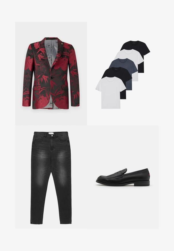 Červený blazer s květinovým vzorem na černém pozadí, s dvěma předními kapsami, s jedním knoflíkem na zapínání a hladkým šedým podšívkou.; Sada pěti triček v černé, bílé a námořnické modré barvě. Bavlněná tkanina, krátké rukávy, kulatý límec a hladký povrch bez vzorů.; Černé džíny z denimu s vybledlým omakem, vysokým pasem, pětikolíkovým designem a stříbrnými detaily. Rovný střih nohavic se kontrastním prošíváním.; Černé kožené mokasíny s hladkým povrchem, kulatou špičkou a malým dekorativním klopou. Mají nízký stočený podpatek a decentní branding.
