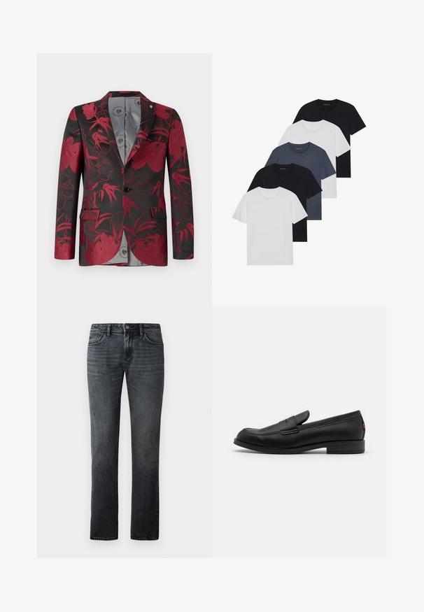 Blazer cu model floral roșu pe un fundal negru, având două buzunare frontale, închidere cu un singur nasture și o căptușeală interioară netedă de culoare gri.; Set de cinci tricouri în negru, alb și albastru închis. Fabricat din bumbac, cu mâneci scurte, design cu gât rotund și textură uniformă, fără modele.; Jeans negri închis cu croi drept, din denim, având un design clasic cu cinci buzunare și închidere cu nasture la talie.; Mocasini din piele neagră cu un finisaj neted, vârf rotunjit și o mică clapetă decorativă. Au un toc joasă din lemn laminat și un detaliu de branding subtil.