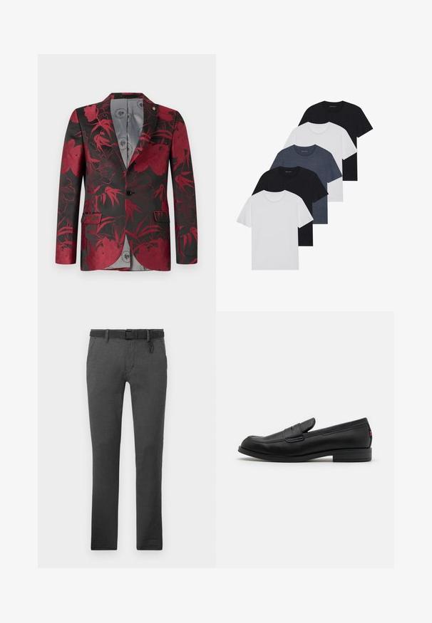 Blazer à motif floral rouge sur fond noir, doté de deux poches avant, d'une fermeture à un bouton, et d'une doublure intérieure lisse grise.; Ensemble de cinq t-shirts en noir, blanc et bleu marine. Tissu en coton, manches courtes, design col rond et texture unie sans motifs.; Pantalons gris foncé en tissu texturé, dotés d'une ceinture noire, de passants de ceinture et de deux poches latérales. Design à jambe droite, sans motifs visibles.; Mocassins en cuir noir avec une finition lisse, un bout arrondi et une petite flèche décorative. Dotés d'un petit talon empilé et d'un détail de marque subtil.