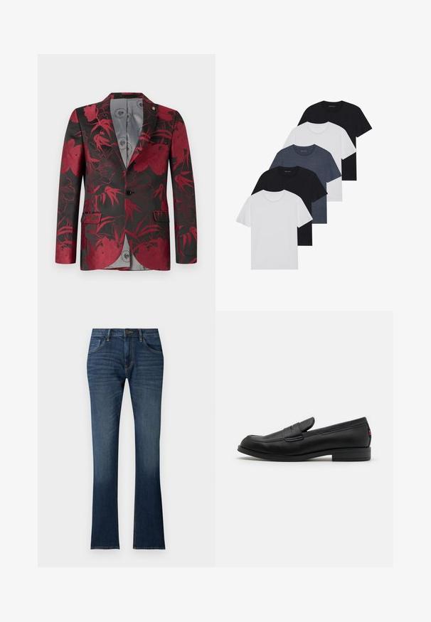 Červený blazer s květinovým vzorem na černém pozadí, s dvěma předními kapsami, s jedním knoflíkem na zapínání a hladkým šedým podšívkou.; Sada pěti triček v černé, bílé a námořnické modré barvě. Bavlněná tkanina, krátké rukávy, kulatý límec a hladký povrch bez vzorů.; Tmavě modré džíny z denimu s mírným rozšířením na dolním okraji, strukturovaným páskem, pěti kapsami a jemným vyblednutím poblíž lemu.; Černé kožené mokasíny s hladkým povrchem, kulatou špičkou a malým dekorativním klopou. Mají nízký stočený podpatek a decentní branding.