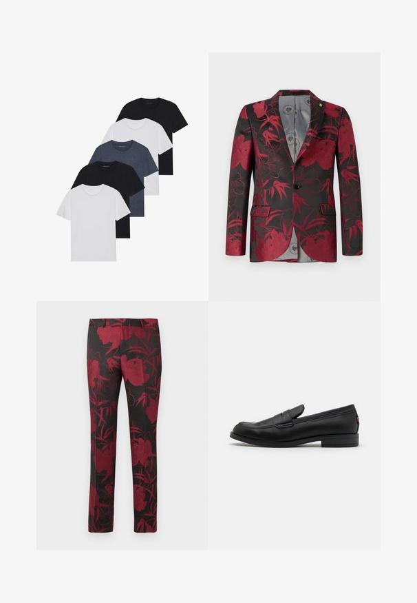Blazer de patrón floral rojo sobre fondo negro, con dos bolsillos frontales, un cierre de un solo botón y un forro interior liso gris.; Conjunto de cinco camisetas en negro, blanco y azul marino. Tejido de algodón, de manga corta, diseño de cuello redondo y textura lisa sin patrones.; Pantalones negros con un patrón floral en rojo intenso, con una textura suave y un ajuste entallado. Cintura estándar y diseño de pierna recta.; Mocasines de cuero negro con un acabado suave, punta redondeada y una pequeña solapa decorativa. Presentan un tacón bajo y apilado, así como un detalle sutil de marca.