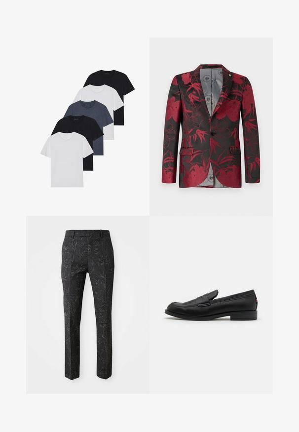 Rød blomstret blazer med svart bakgrunn, med to frontlommer, lukking med én knapp og glatt grå innvendig fôr.; Sett av fem t-skjorter i svart, hvit og marineblå. 100% bomull, kortermet, rund halsdesign og ensfarget uten mønstre.; Mørkegrå bukser med et præget blomster mønster, skræddersyet pasform, lige ben og en glat tekstur. Har en standard talje.; Sorte lærlofter med en glat overflade, rund tå og en lille dekorativ flap. Har en lav stablet hæl og diskret brandingdetalje.
