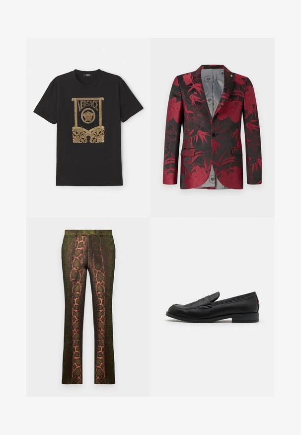 Rode blazer met bloemmotief op een zwarte achtergrond, voorzien van twee voorzakken, een enkele knoopsluiting en een gladde grijze binnenvoering.; Zwarte katoen t-shirt met een gouden paillettenafbeelding van het "Versace"-logo en uitgebreide ontwerpen aan de onderkant en zijkanten.; Groene broek met een slangenprintdesign in bruin en oranje tinten, rechte snit en een gladde textuur.; Zwarte leren instappers met een gladde afwerking, ronde neus en een kleine decoratieve flap. Heeft een lage gestapelde hak en een subtiel merkteken.