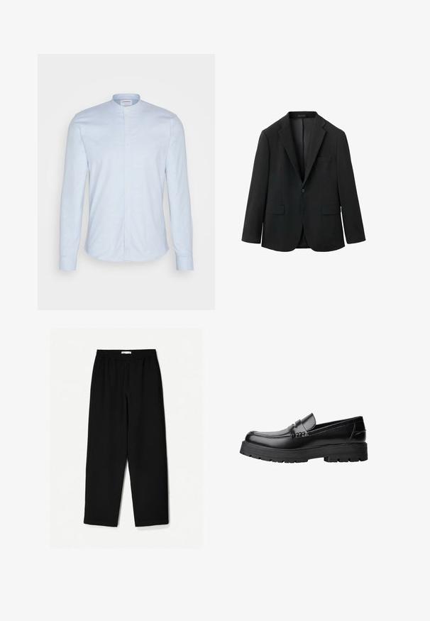 Černý blazer s hladkou texturou, klopovými límci, dvěma předními kapsami, zapínáním na jeden knoflík a přiléhavým střihem.; Světlomodrá košile s dlouhým rukávem a mandarínským límcem, která má zapínání na knoflíky a jemnou, texturovanou tkaninu. Přiléhavý střih s zaobleným lemem.; Černé kalhoty s širokými nohavicemi vyrobené z lehkého materiálu. Mají elastický pas a hladkou texturu. Bez viditelných vzorů nebo kovových detailů.; Černé kožené mokasíny s masivní podrážkou a dekoračním páskem přes horní část, zobrazené v levém bočním profilu na bílém pozadí.