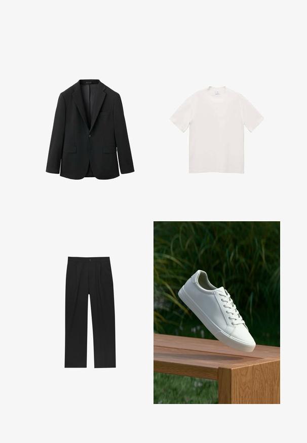 Black blazer with a smooth texture, notched lapels, two front pockets, single button closure, and a tailored fit.; White short-sleeve T-shirt made of soft fabric. Crew neckline, straight cut, no visible patterns or hardware details.; Black pants with a straight-leg design, made from a smooth fabric. Features front pleats and a single button closure at the waist.; White lace-up sneaker hovering above wooden bench with green foliage in the background, showcasing shoe design and texture.