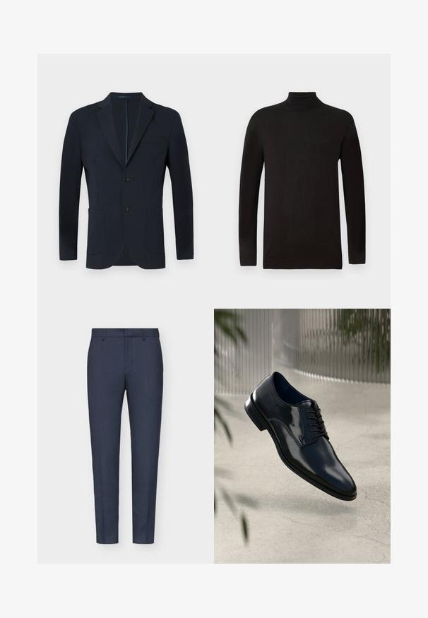 Mornarsko moder blejzer z natančnim krojem, z dvema gumboma, z režastimi reverji in dvema sprednjima žepoma. Gladka tkanina z subtilnim sijajem in brez vidnih vzorcev.; Črna turtleneck pulover iz mehkega pletenega materiala. Ima dolge rokave in oprijet kroj z rebrastim ovratnikom in robom. Minimalno blagovno znamčenje.; Temno modri srajčni hlače z gladko teksturo, ozkega kroja, s centralno pregibo in zankami za pas. Tkanina vsebuje subtilen tkani vzorec.; Temno modri usnjeni čevlji za obleko s poliranim zaključkom, zavezani dizajn, rahlo ukrivljen nos in gladka tekstura.