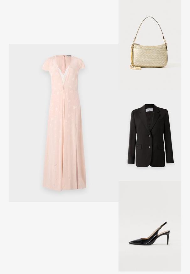 Sacou negru, croit pe măsură, cu două butoane, cu rever în formă de U și buzunare cu clapă, etichetat "Filippa K" la interiorul gulerului.; Rochie roz deschis, cu mâneci scurte, decolteu în V adânc, detalii din dantelă și modele subtile în formă de inimă; lungime până la podea, cu o fanta pe lateral.; Pantofi slingback din piele patent neagră, cu vârful ascuțit, tocul subțire și un design discret cu decupaj. Se evidențiază printr-un cataramă aurie pe curea.; Geantă texturată cu aur, cu o curea din piele netedă, având închidere cu fermoar și un model subtil de logo imprimat pe suprafață.
