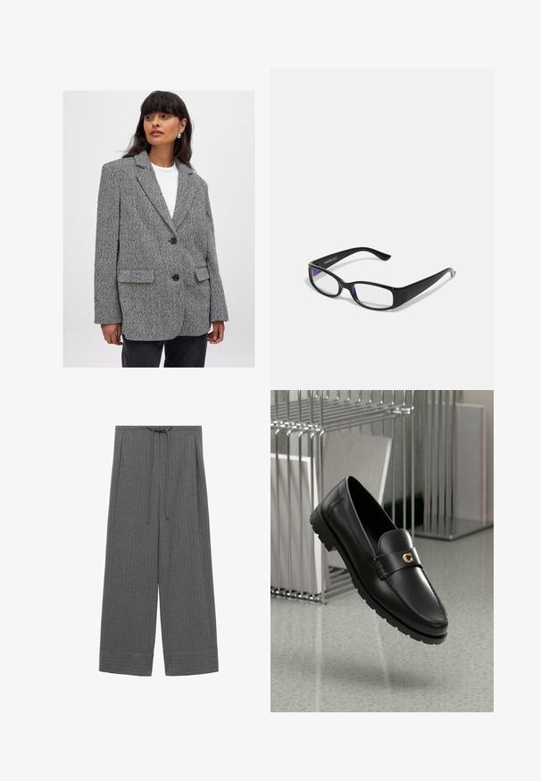 Blezer s houndstooth vzorom v čiernej a bielej farbe, s klopovými golierom, dvoma prednými vreckami a čiernymi gombíkmi. Textúrovaná tkanina, voľný strih.; ONLY ONLVENICE ROLLNECK - Pulover - light grey melange; Sive široke hlače z vertikalnimi črtami, opremljene z vrvico na pasu in z manšetami na dnu, izdelane iz mehkega, teksturiranega materiala.; Črne usnjene loafers z dvignjenim šivom, zlatim logotipom in strukturirano zanko. Imajo debel, trpežen gumijast podplat.; Črne pravokotne očala z prozornimi lečami. Sijajna površina, ožje ročke in vijolična barva, vidna na robovih leč.; Zlate naglavne uhane z spiralo obliko in slojevitimi krivuljami, ki se ponašajo z metalnim zaključkom in gladko teksturo za vizualno globino.