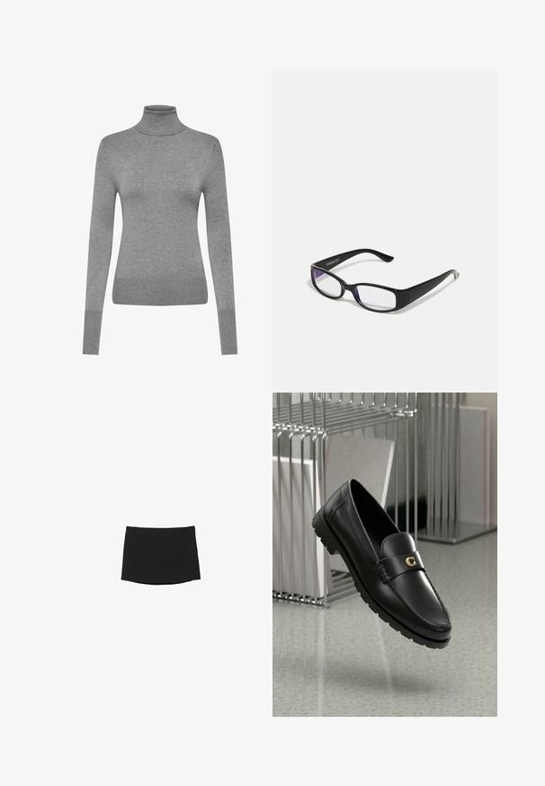 Houndstooth patterned blazer in black and white, featuring a notched collar, two front pockets, and black buttons. Textured fabric, relaxed fit.; ONLY ONLVENICE ROLLNECK - Jumper - light grey melange; Black miniskirt made of smooth, stretch fabric; features a straight cut with a subtle hem and no visible fasteners or patterns.; Black leather loafers with a raised seam, gold accent logo, and textured strap. Features a thick, durable rubber sole.; Black rectangular glasses with clear lenses. Glossy finish, narrow arms, and purple tint visible at the edges of the lenses.; Longchamp LE PLIAGE ORIGINAL - Handbag - schwarz; Gold-tone earrings featuring a spiral design with layered curves, showcasing a metallic finish and smooth texture for visual depth.