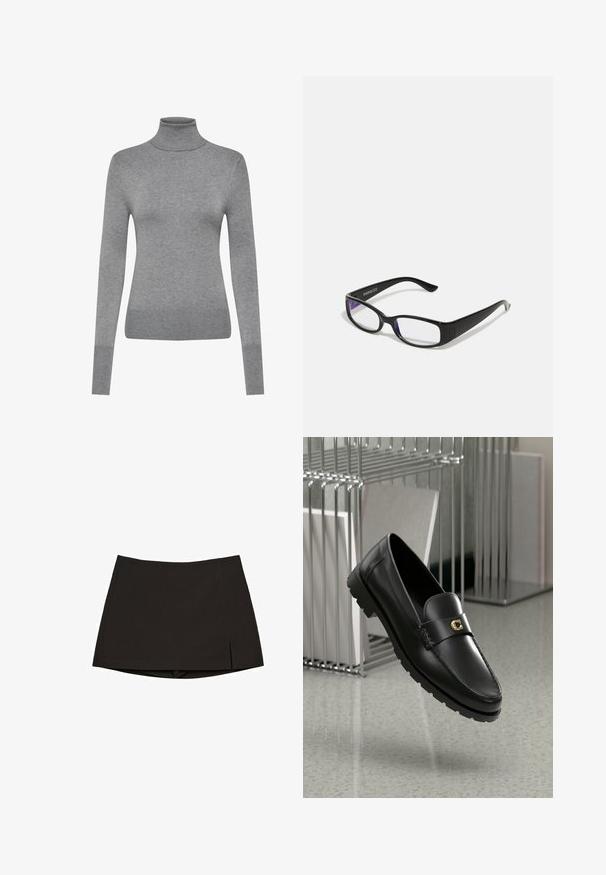 Houndstooth patterned blazer in black and white, featuring a notched collar, two front pockets, and black buttons. Textured fabric, relaxed fit.; ONLY ONLVENICE ROLLNECK - Jumper - light grey melange; Black mini skirt made from smooth fabric, featuring a straight design with side slits and a clean hem. Simple and versatile.; Black leather loafers with a raised seam, gold accent logo, and textured strap. Features a thick, durable rubber sole.; Black rectangular glasses with clear lenses. Glossy finish, narrow arms, and purple tint visible at the edges of the lenses.; Longchamp LE PLIAGE ORIGINAL - Handbag - schwarz; Gold-tone earrings featuring a spiral design with layered curves, showcasing a metallic finish and smooth texture for visual depth.