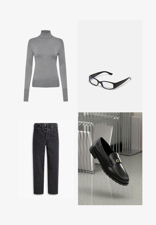 Blazer mit Hahnentritt-Muster in Schwarz und Weiß, ausgestattet mit einem Reverskragen, zwei Vordertaschen und schwarzen Knöpfen. Strukturiert, lässige Passform.; ONLY ONLVENICE ROLLNECK - Strickpullover - light grey melange; Schwarze Denim-Jeans mit geradem Bein, featuring einen Knopfverschluss, Kupferbeschläge und subtiler Textur. Klassisches Fünf-Taschen-Design.; Schwarze Lederloafers mit einer hervorgehobenen Naht, goldenem Akzentlogo und strukturiertem Riemen. Mit einer dicken, strapazierfähigen Gummisohle.; Schwarze rechteckige Brille mit klaren Gläsern. Glänzende Oberfläche, schmale Bügel und lila Tönung an den Rändern der Gläser sichtbar.; Longchamp Handtasche - schwarz; Goldfarbene Ohrringe mit einem Spiraldesign und geschichteten Kurven, die ein metallisches Finish und eine glatte Textur für visuelle Tiefe zeigen.