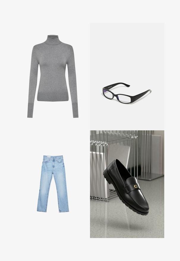 Houndstooth patterned blazer in black and white, featuring a notched collar, two front pockets, and black buttons. Textured fabric, relaxed fit.; ONLY ONLVENICE ROLLNECK - Jumper - light grey melange; Light blue denim jeans with a straight cut, five-pocket design, and visible stitching. Mid-rise waist with a classic button and zip closure.; Black leather loafers with a raised seam, gold accent logo, and textured strap. Features a thick, durable rubber sole.; Black rectangular glasses with clear lenses. Glossy finish, narrow arms, and purple tint visible at the edges of the lenses.; Longchamp Handbag - schwarz; Gold-tone earrings featuring a spiral design with layered curves, showcasing a metallic finish and smooth texture for visual depth.