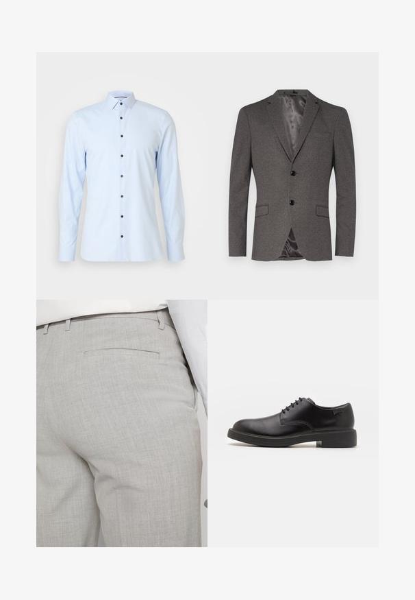 Blazer grigio realizzato in tessuto testurizzato, con due bottoni neri, una tasca sul petto, due tasche frontali e una fodera morbida simile alla satin. ; Camicia a maniche lunghe blu chiaro realizzata in tessuto liscio, con colletto tradizionale e bottoni blu scuro che scorrono lungo la parte anteriore.; Pantaloni sartoriali grigio chiaro realizzati in tessuto strutturato, con una tasca posteriore singola e cuciture pulite.; Scarpa nera in pelle con lacci, punta tonda, texture liscia, cuciture minime e tacco in gomma basso. Logo sul tacco.