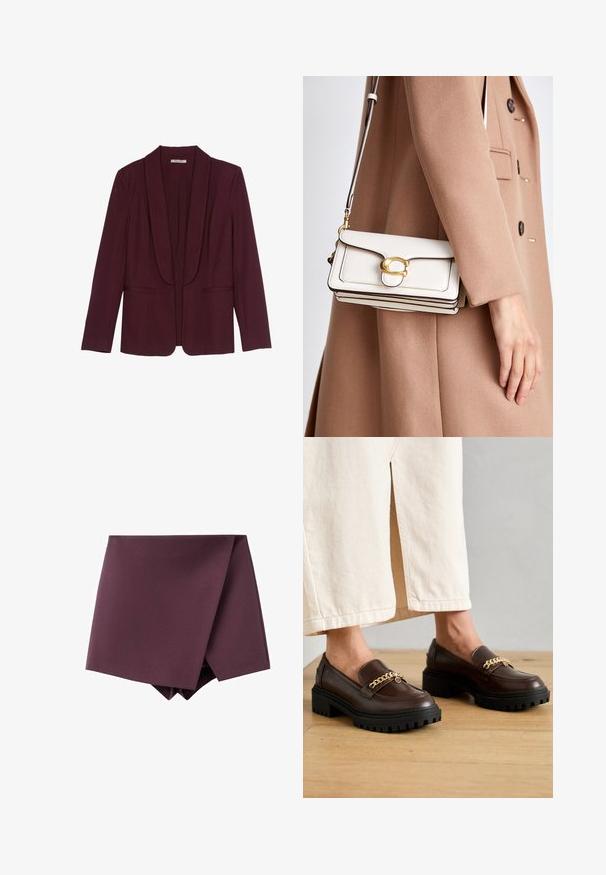Bordowy żakiet z szalowym kołnierzem, podwójnymi kieszeniami z przodu oraz gładką teksturą materiału. Strukturalny krój z długimi rękawami i bez guzików.; Szary, dzianinowy sweter z okrągłym dekoltem, opadającymi ramionami i ściągaczami. Miękka faktura i luźny krój. Brak wzorów lub akcentów.; Ciemnofioletowa asymetryczna mini spódnica z zapinanym przodem i gładką teksturą materiału.; Brązowe skórzane mokasyny z masywną czarną podeszwą i złotym łańcuchem na przodzie. Gładkie wykończenie z delikatnym połyskiem.; Biała skórzana torebka na ramię z złotym zapięciem, charakteryzująca się usztywnioną konstrukcją, kontrastującymi krawędziami oraz cienkim, regulowanym paskiem.