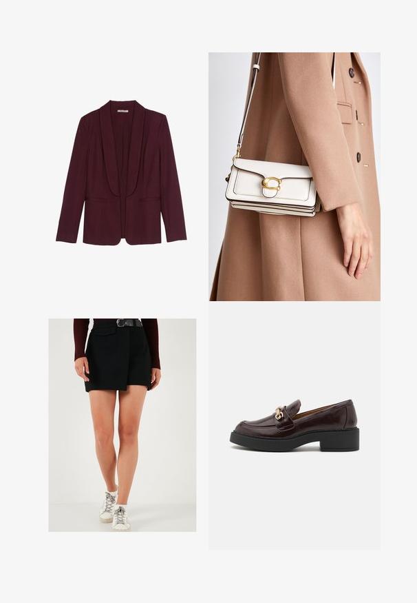Burgundský blejzer s golierom, dvojitými prednými vreckami a hladkým textúrou látky. Struktúrovaný strih s dlhými rukávmi a bez gombíkov.; Šedý pletený sveter s okrúhlym výstrihom, spustenými ramenami a rebrovanými manžetami. Mäkká textúra a voľný strih. Bez vzorov alebo akcentov.; Čierne šortky s bočným panelom, predným vreckom a opaskom. Model má na sebe biele tenisky so šedými akcentmi. Hladká textúra.; Hnedé kožené loafery s zlatým akcentom v podobe spony, čierny blokový podpätok a hladká textura. Bočný pohľad ukazuje zaoblenú špičku a prešívanie.; Biela kožená crossbody taška so zlatým zapínaním, s pevnou konštrukciou, kontrastnými okrajmi a tenkým nastaviteľným popruhom.